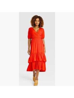 Knox Rose Red Wrap Midi Maxi Dress Layered Tiered Skirt Medium (runs big)